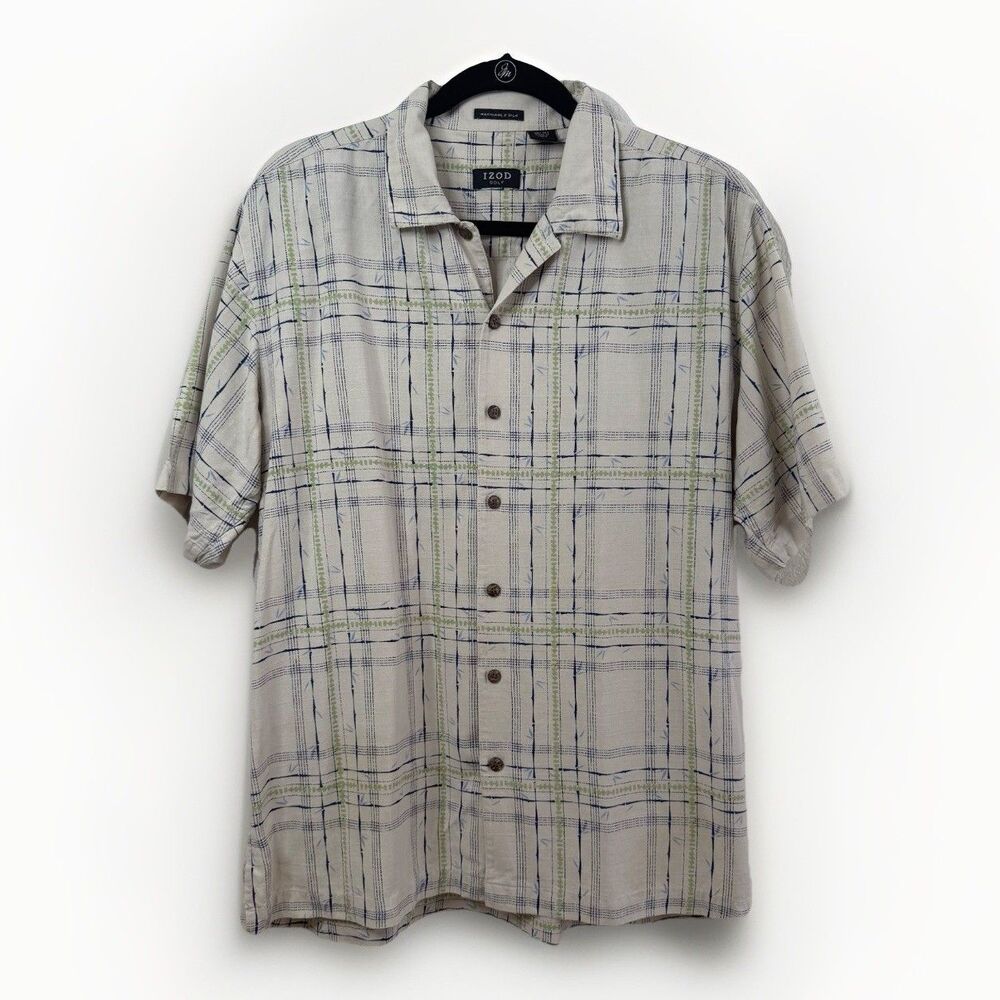 Izod Golf Shirt Washable 100% Silk Button Up Large Beige Hawaii Aloha Shirt